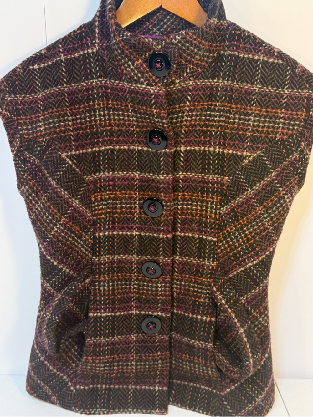CAbi Tweed Belted Jacket Plaid Wool Blend Statement Collar Structured XS - Picture 4 of 6